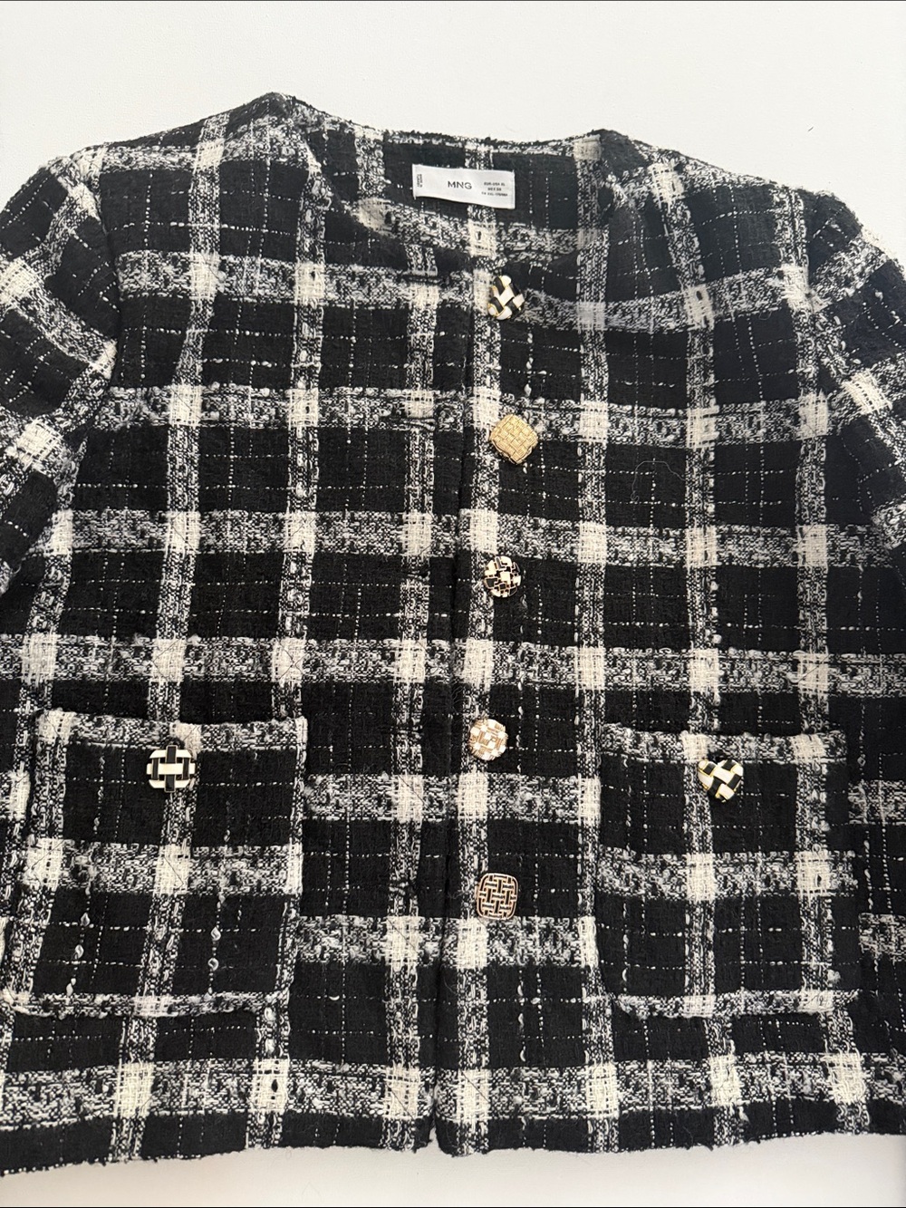 Mango Black and White Plaid Tweed Blazer with Decorative Buttons